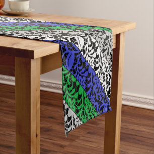 Chemin De Table Court motif plante bleu et vert A07.b noir BG