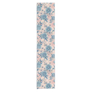 Chemin De Table Court Motif Rose bleu rétro sur Arrière - plan rose doux