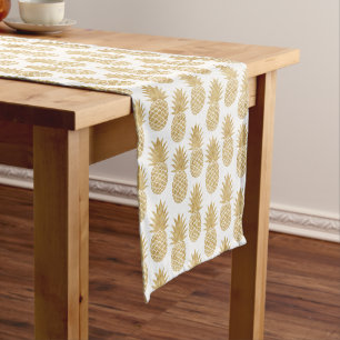 Chemin De Table Court Motif tropical élégant d'ananas d'or blanc