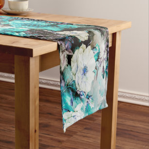 Chemin De Table Court Noir blanc turquoise de turquoise florale