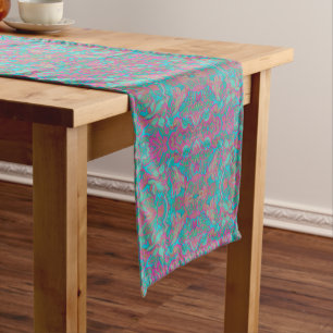Chemin De Table Court Oiseaux Arabesque Bohème Motif Turquoise rose