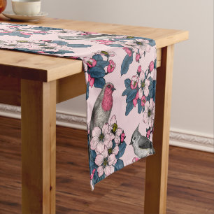 Chemin De Table Court Oiseaux et fleurs roses