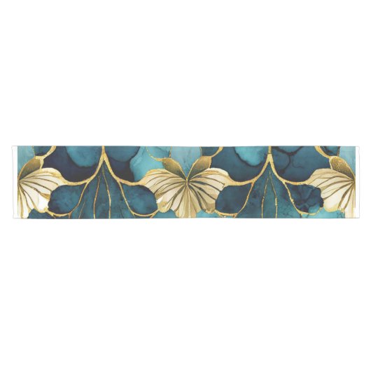 Chemin De Table Court Or Turquoise floral japonais (Horizontal)