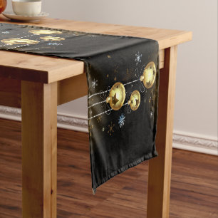 Chemin De Table Court Ornements dorés de Noël Étoiles brillantes Noir