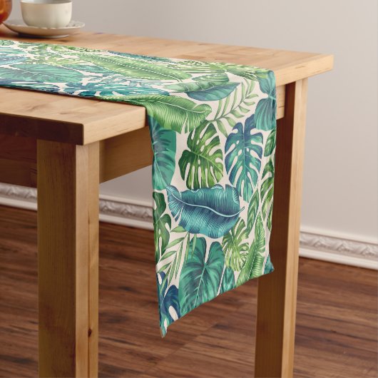 Chemin De Table Court Palm vert et Turquoise Tropical Banana Monstera Fe (In Situ)