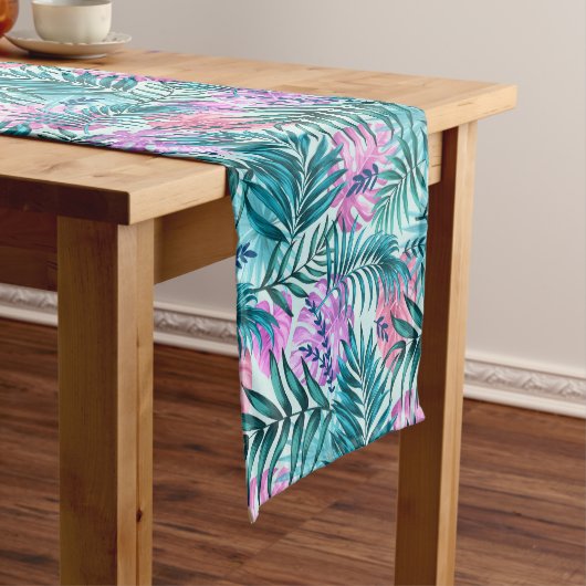 Chemin De Table Court Palme rose et Turquoise Tropical & Monstera Feuill (In Situ)