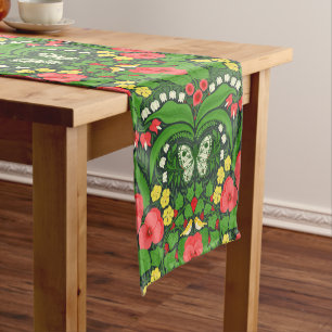 Chemin De Table Court Pansies rouges, oiseaux et papillons