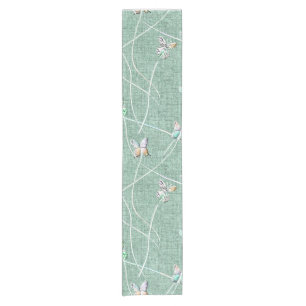 Chemin De Table Court Papillons à l'aquarelle sur fond vert menthe