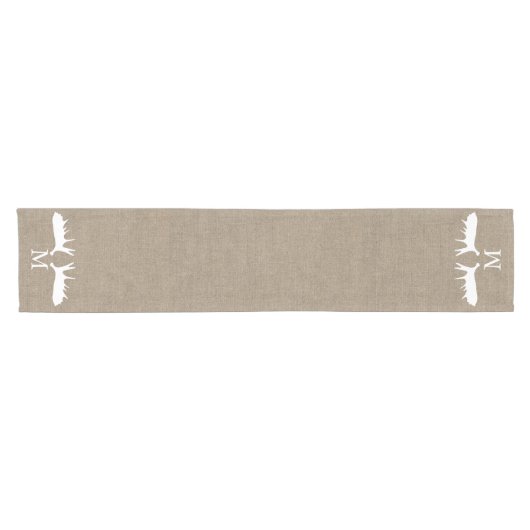 Chemin De Table Court Pays Burlap White Moose Antlers Monogramme (Horizontal)