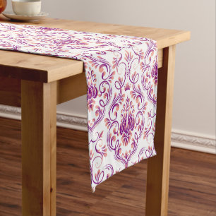 Chemin De Table Court Pêche et pourpre Damask Floral Élégant Motif