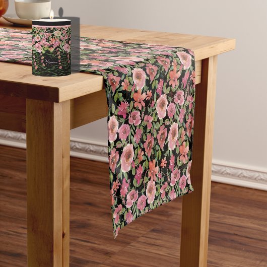 Chemin De Table Court Pink Floral Black Table Runner