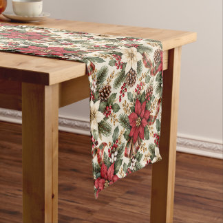 Chemin De Table Court Poinsettia et motif carreaux de Noël