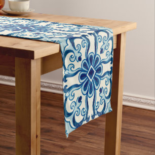 Chemin De Table Court Portugais Azulejos Blue Floral Motif