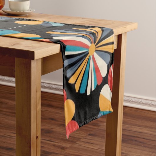 Chemin De Table Court Retro Black Rainbow geometric Flowers Pattern  (In Situ)