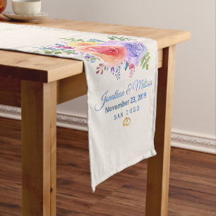 Chemin De Table Court Rose coloré aquarelle Mariage floral