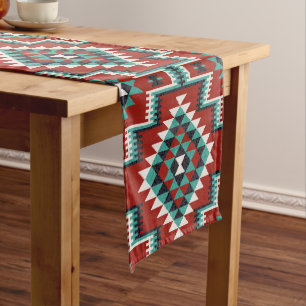 Chemin De Table Court Rouge Vert noir blanc Oriental Kilim Motif