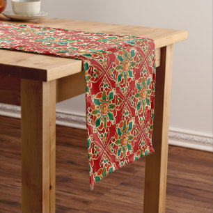Chemin De Table Court Rouge Vert Orange Jaune Azulejos Motif Floral