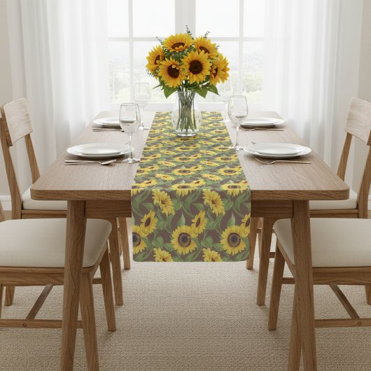 Chemin De Table Court Rustic Table Runner with Sunflower Print, Brown 
