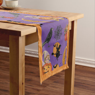 Chemin De Table Court Saison d'Halloween Violet et Orange Sorcière Vinta