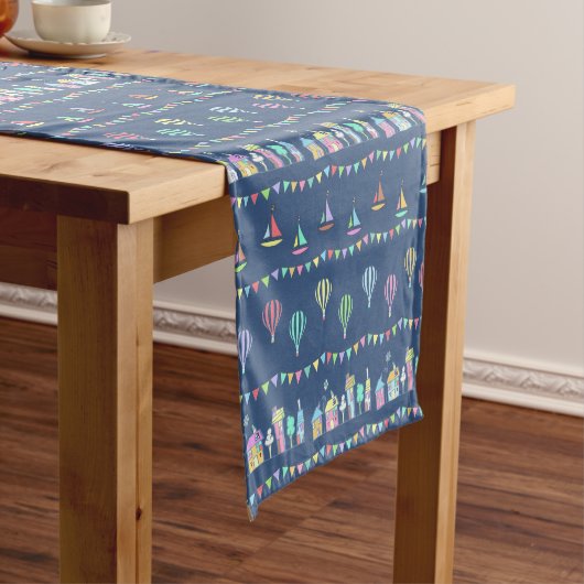 Chemin De Table Court Seaside Town Sail Boats and Bunting Pattern Blue (In Situ)