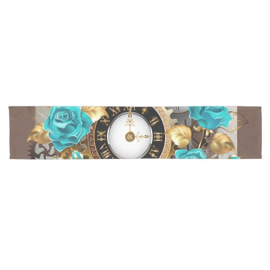 Chemin De Table Court Steampunk Clock and Turquoise Roses on Striped (Horizontal)