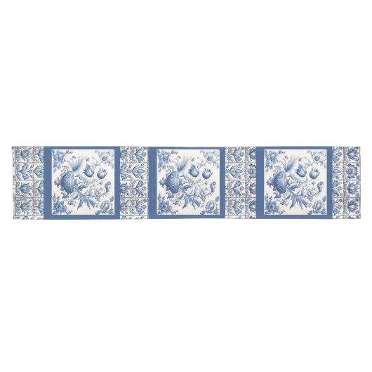Chemin De Table Court Superbe monogramme floral Bleu toile de jouy (Horizontal)