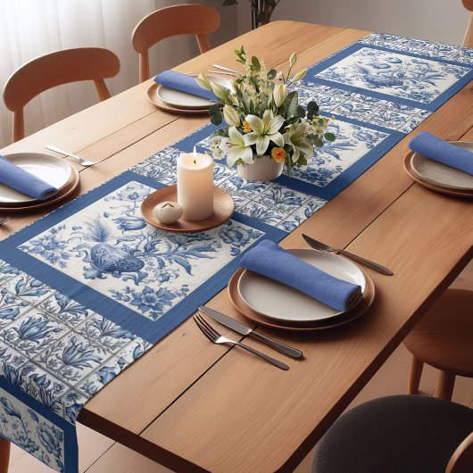 Chemin De Table Court Superbe monogramme floral Bleu toile de jouy