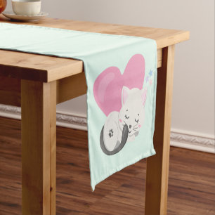 Chemin De Table Court Sweet Kitty Chat Dormir avec un grand coeur rose