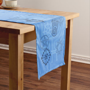 Chemin De Table Court Symboles inter-religieux bleu ciel