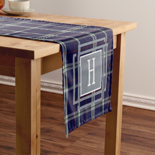 Chemin De Table Court Tartan Monogramme blanc bleu (In Situ)