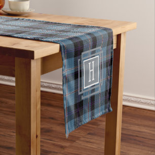 Chemin De Table Court Tartan Monogramme Noir Bleu 