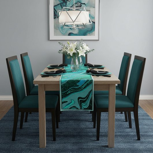 Chemin De Table Court Teal glitter marble medium table runner