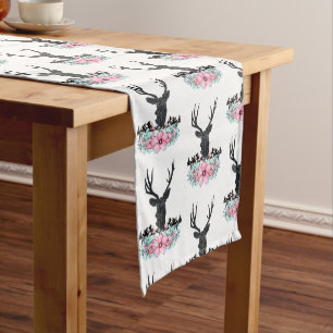 Chemin De Table Court Tête de cerf noir avec Fleurs et Montagnes roses
