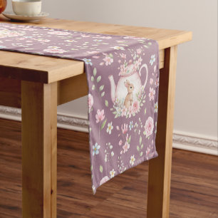 Chemin De Table Court Théière de lapin fantaisiste motif floral de print