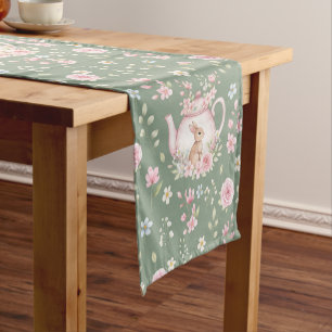 Chemin De Table Court Théière Lapin Capriceux Motif Floral de Printemps