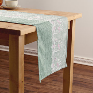 Chemin De Table Court Toile de jute turquoise et coureur blanc de