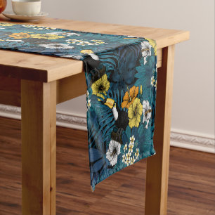 Chemin De Table Court Toucans et flore tropicale, bleu, jaune, orange