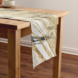 Chemin De Table Court Traçages chics d'or sur le marbre blanc noir