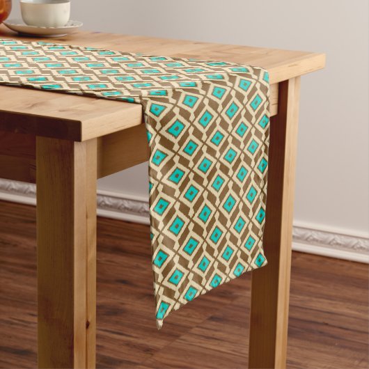 Chemin De Table Court Tribal Ikat Motif, Beige, Taupe et Turquoise (In Situ)