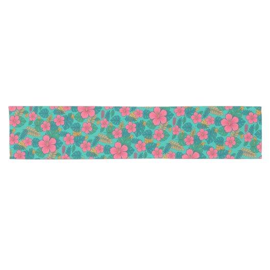 Chemin De Table Court Tropical Hibiscus and Palm Leaf Pattern  (Horizontal)