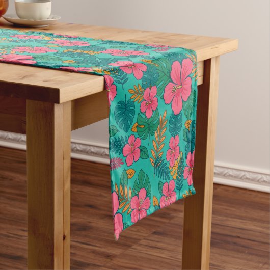 Chemin De Table Court Tropical Hibiscus and Palm Leaf Pattern  (In Situ)