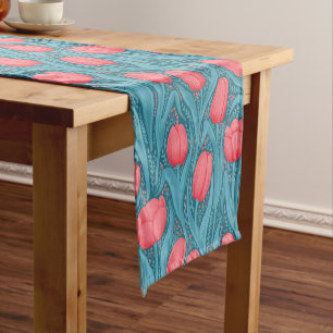 Chemin De Table Court Tulipes en bleu et rouge