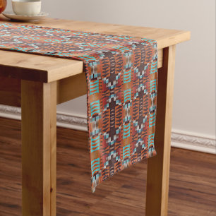 Chemin De Table Court Turquoise Bleu Rouille Orange Rouge Brun Art Triba
