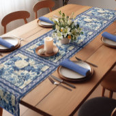 Chemin De Table Court Vase florale chic Chiroiserie bleue toile monogram