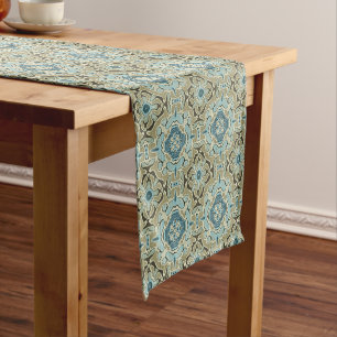 Chemin De Table Court Vert gris Turquoise bleu ocre Hip Bohême Bali Art