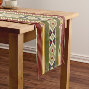 Chemin De Table Court Vert olive Moutarde Ocres Jaune Art Tribal Ikat
