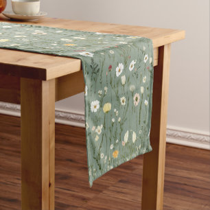 Chemin De Table Court Vert sauge jaune blanc boho fleurs sauvages floral