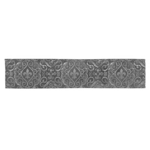 Chemin De Table Court Vintage Fleur de Lis Black Silver Grunge Damask