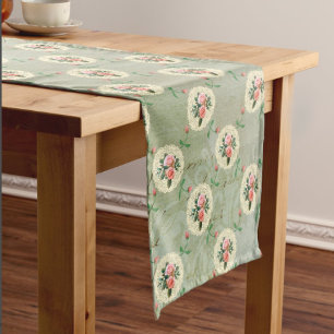 Chemin De Table Court Vintage Rose Doiliers Faded Smoky Green Damask
