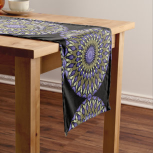Chemin De Table Court Violet noir motif mandala à faux or pourpre